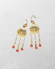 A Pair Gilt Gold 925 Silver Inaly Hetian Jade & Nanhong Agate Earring