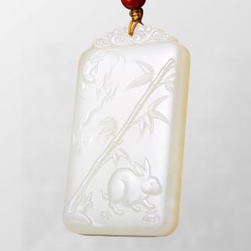 Chinese Hetian Jade Carved Rabbit & Bamboo Pendant w Certificate