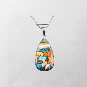 Beautiful Silver Inlay Shell & Gem Pendant w Necklace