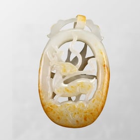 Openwork Chinese Hetian Jade Fortune Deer Pendant
