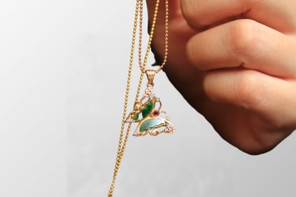 Beautiful Silver Plated Gilt Gold Inlay Jadeite Carved Butterfly Pendant