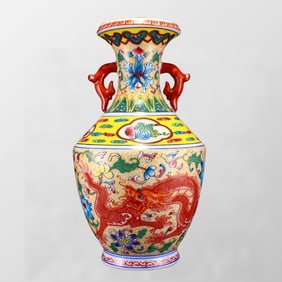 Chinese Famille Rose Dragon Phoenix Design Double Ears Vase