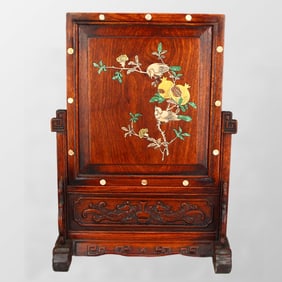 Vintage Chinese Huali Wood Inlay Shell Flower Bird Design Screen
