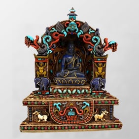 Tibetan Buddhism Lapis Lazuli Sakyamuni Buddha Statue With Silver Wire Inlay Gem Shrines