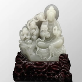 Superb Chinese Hetian Jade Kwan-yin & Fortune Kids Statue