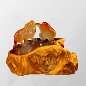 Natural Agate Carved Beast & Ruyi Statue w Certificate