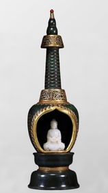 Exquisite Chinese White Hetian Jade Buddha Statue & Inlaying Gold Edge Green Hetian Jade Shrines