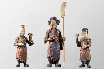 A Set Three Chinese Colored Drawing Shoushan Stone General Guangong Statues