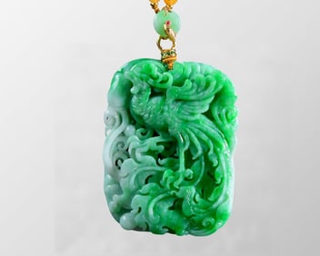 Exquisite Jadeite Carved Phoenix Pendant w Beads Necklace