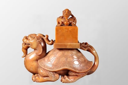 Superb Vintage Chinese Tianhuang Stone Carved Dragon Turtle Seal Statue