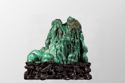 Vintage Natural Malachite Original Stone Mountain Shape Statue