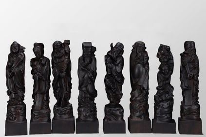 A Set Vintage Chenxiang Wood Carved Eight Taoism Deity Statues w Box