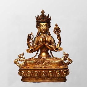 Superb Old Tibetan Gilt Gold Copper Inlay Gem Four Arm Kwan-yin Statue