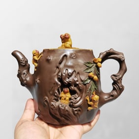 Chinese Yixing Zisha Monkey & Peach Teapot