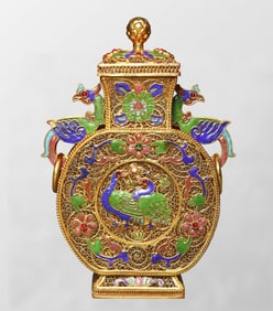 Exquisite Chinese Gold Wires Enamel Inlay Gems Double Ear Vase