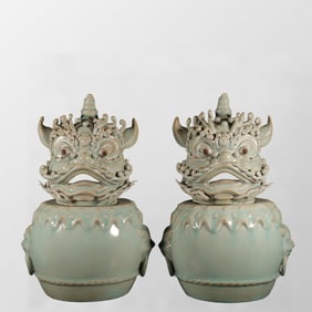 A Pair Chinese Ru Kiln Fortune Lion Porcelain Incense Burner