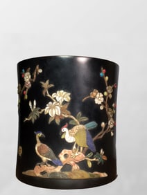 Chinese Zitan Wood Inlay Shell Flower & Bird Design Brush Pot