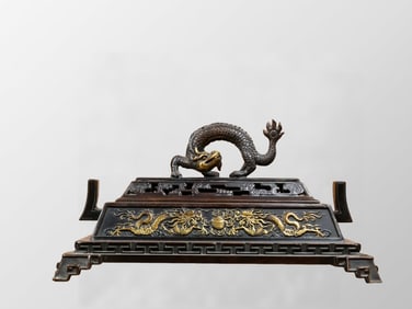 Chinese Gilt Gold Copper Fortune Dragon Double Ears Incense Burner