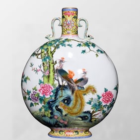 Chinese Qing Dynasty Gilt Edge Famille Rose Phoenix & Peony Design Porcelain Vase