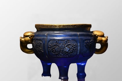 Chinese Gilt Gold Blue Peking Glass 3 Leg Double Ears Incense Burner
