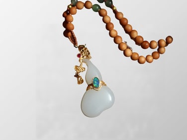Superb Chinese 18K Gold Inlay White Hetian Jade Gourd Pendant w Sandalwood Beads Necklace