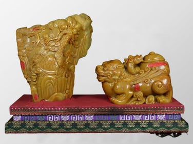 A Pair Superb Chinese Tianhuang Stone Carved Divine Beast Statue