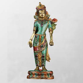 Old Tibetan Gilt Gold Bronze Inlay Turquoise & Gems Tara Statue