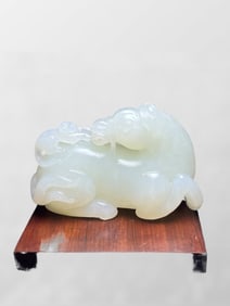 Superb Chinese White Hetian Jade Carved Horse & Monkey Statue