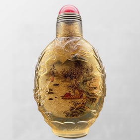 Old Chinese Peking Glass Inside Painting Mountain River Scene Design Snuff Bottle w Stopper