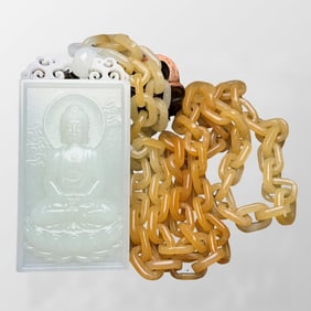 Superb Chinese White Hetian Jade Low Relief Siddhartha Buddha Pendant w Necklace