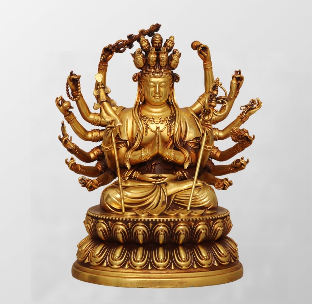 Vintage Gilt Gold Bronze Thousand-hand Bodhisattva Statue (1 of 10)