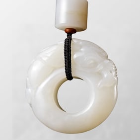 Superb Chinese White Hetian Jade Fortune Dragon Ring Pendant w Certificate