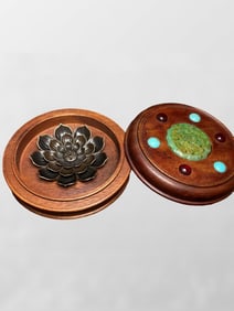 Vintage Chinese Copper Lotus Flower Incense Burning Tool & Huali Wood Inlay Gem Box