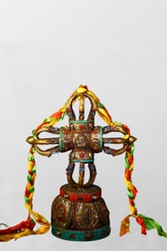 Tibetan Gilt Gold Copper Inlay Turquoise & DZI Agate & Gems Dharma-vessel Statue