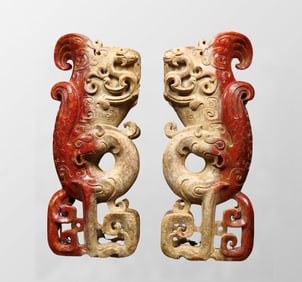 A Pair Superb Old Chinese Hetian Jade Dragon Phoenix Cups