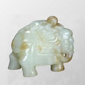 Superb Chinese Hetian Jade Carved Elephant & Monkey Statue
