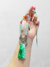 Exquisite Jadeite Carved Carp & Lotus Flower Pendant w 925 Silver & Jadeite Beads Necklace