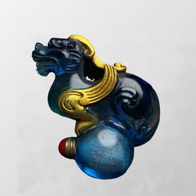 Vintage Chinese Gilt Gold Blue Peking Glass Fortune Beast Snuff Bottle w Zitan Wood Box (1 of 10)