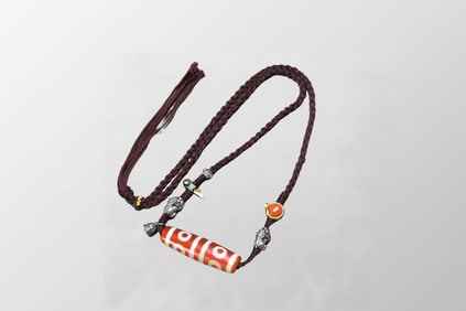 Old Tibetan Eight Eye DZI Agate Lucky Pendant w Hand Woven Necklace