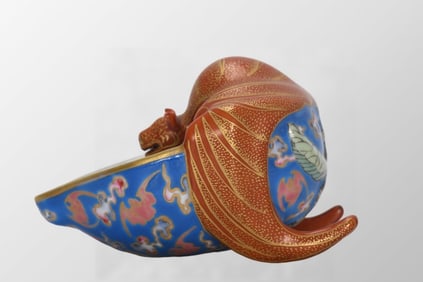 Chinese Qing Dynasty Gilt Edge Blue Ground Famille Rose Fortune Bat Porcelain Brush Washer