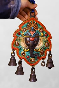 Tibetan Copper Inlay Turquoise & DZI Agate & Gems Ganesha Buddha Pendant