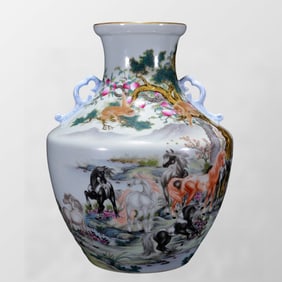 Chinese Gilt Edge Famille Rose Horse & Monkey Design Porcelain Vase