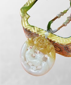 Openwork Chinese Hetian Jade Carved Phoenix & Peony Pendant