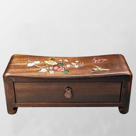 Vintage Chinese Huali Wood Inlay Shell Flowers Bird Pillow w Drawer