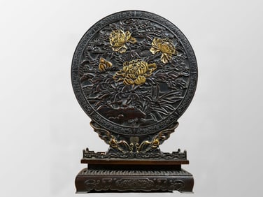 Chinese Gilt Gold Copper Low Relief Peony Design Screen
