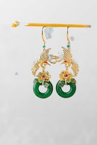 A Pair Beautiful Silver Plated Gilt Gold Enamel Inlay Green Hetian Jade Earring