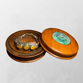 Vintage Silver Inlay Gems Bracelet w Huali Wood Box