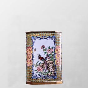 Vintage Chinese Copper Enamel Plum Flower & Magpie Design Brush Pot