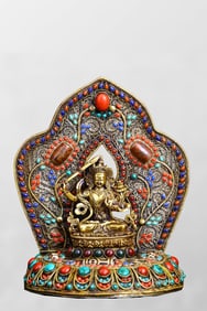 Tibetan Gilt Gold Copper Manjushri Bodhisattva Statue w Silver Wire Inlay DZI Agate Shrines