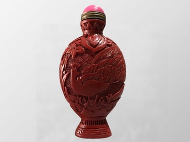 Chinese Red Lacquerware Low Relief Peacock Design Snuff Bottle